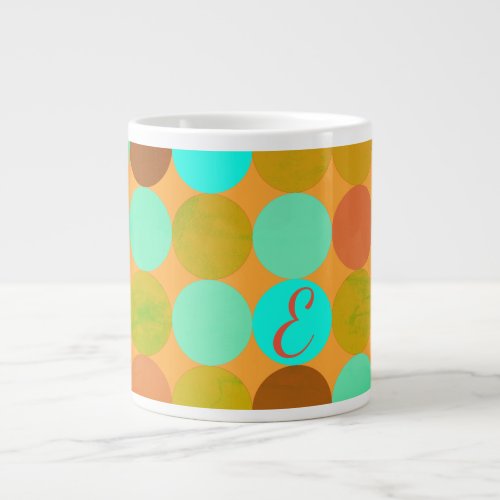 Turquoise Blue Green  Orange Circles Monogram Giant Coffee Mug