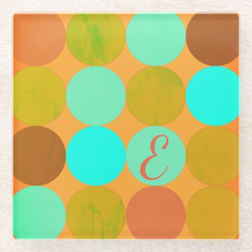 Turquoise Blue Green  Orange Circles Monogram Glass Coaster