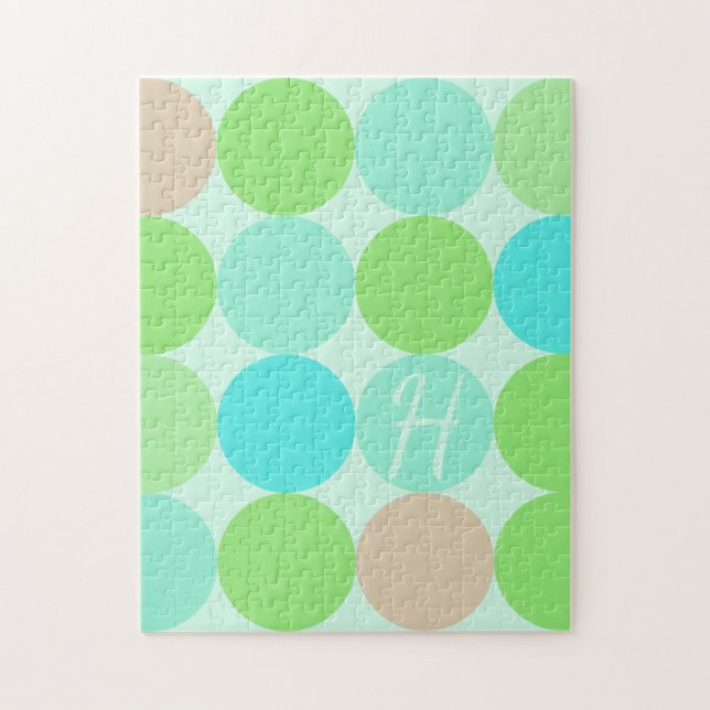 Turquoise Blue Green & Orange Circles Monogram Jigsaw Puzzle (Vertical)