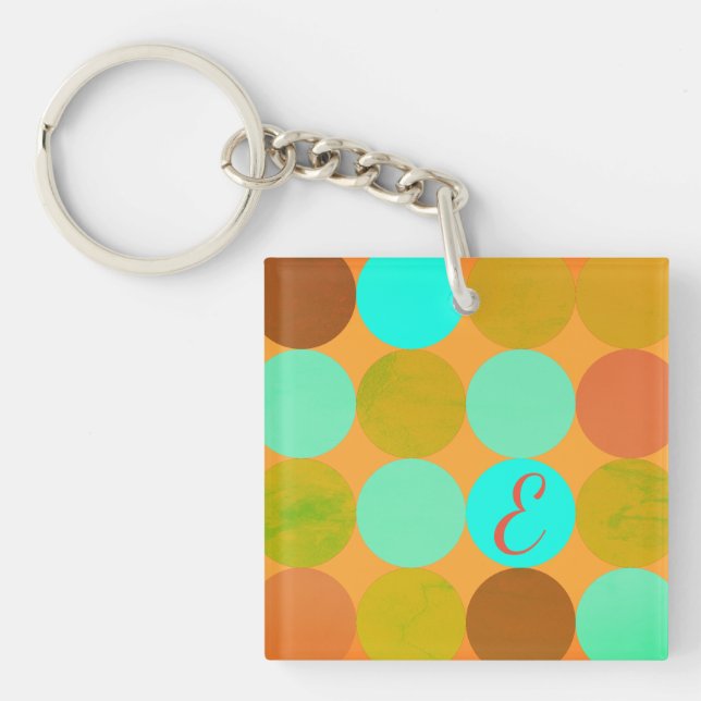 Turquoise Blue Green & Orange Circles Monogram Keychain (Front)
