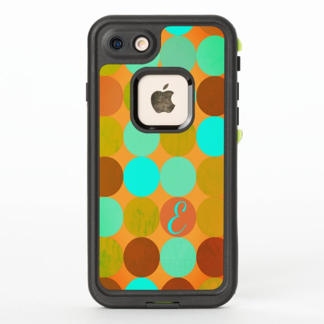 Turquoise Blue Green & Orange Circles Monogram LifeProof iPhone Case (Back)