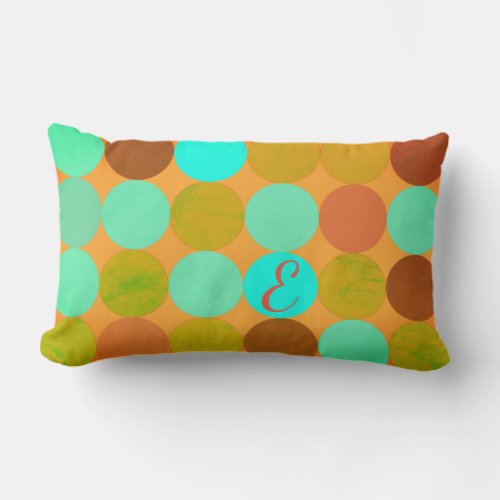 Turquoise Blue Green  Orange Circles Monogram Lumbar Pillow