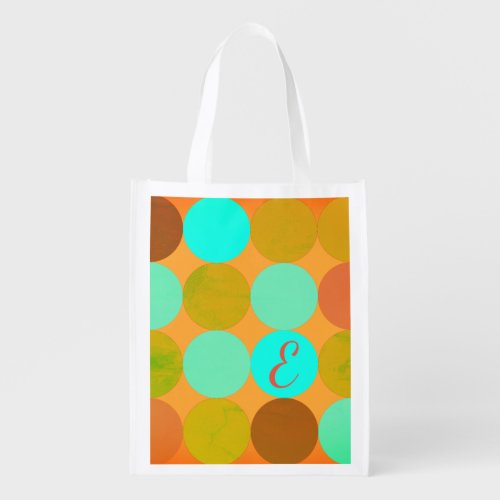 Turquoise Blue Green  Orange Circles Monogram Reusable Grocery Bag