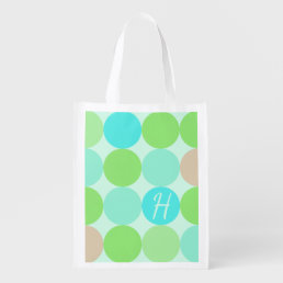 Turquoise Blue Green &amp; Orange Circles Monogram Reusable Grocery Bag