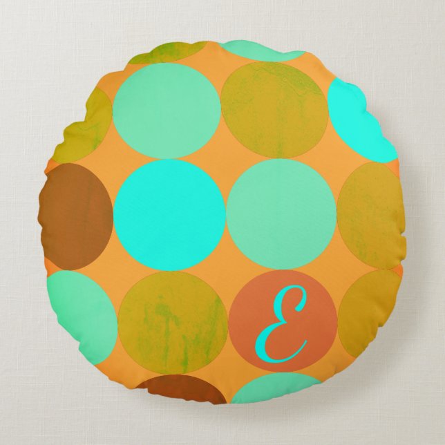 Turquoise Blue Green & Orange Circles Monogram Round Pillow (Front)