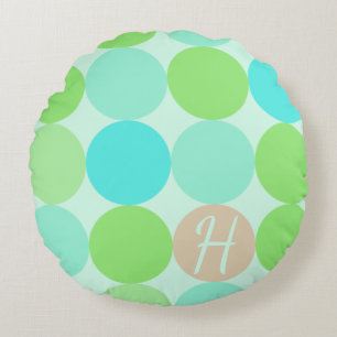 Turquoise Blue Green & Orange Circles Monogram Round Pillow