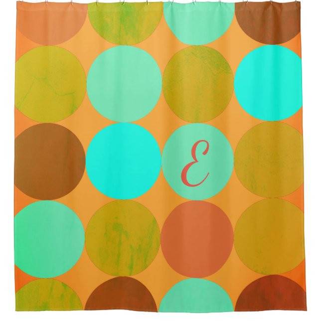 Turquoise Blue Green & Orange Circles Monogram Shower Curtain (Front)