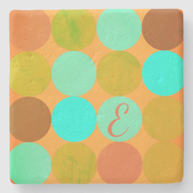 Turquoise Blue Green & Orange Circles Monogram Stone Coaster (Front)