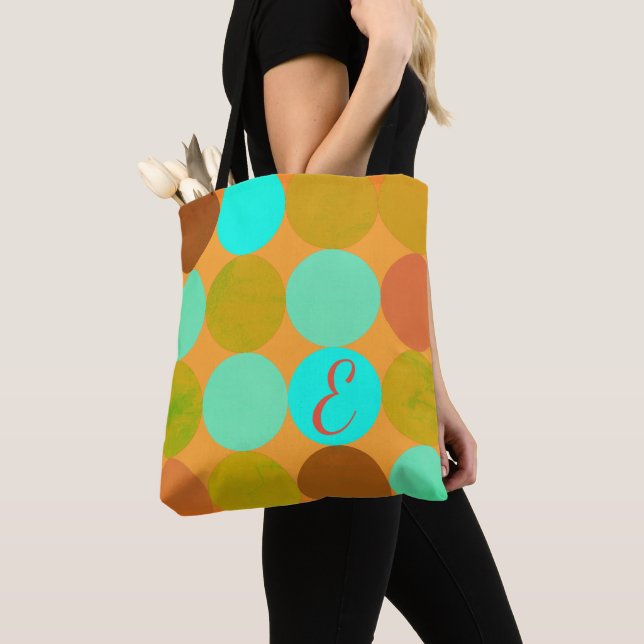 Turquoise Blue Green & Orange Circles Monogram Tote Bag (Close Up)