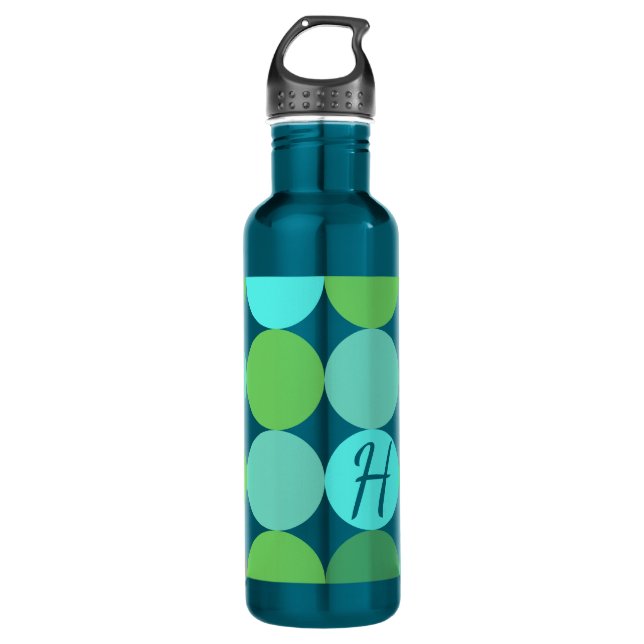 Turquoise Blue Green & Orange Circles Monogram Water Bottle (Front)