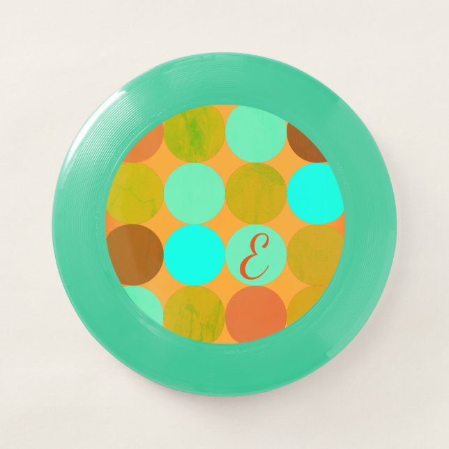 Turquoise Blue Green & Orange Circles Monogram Wham-O Frisbee (Front)