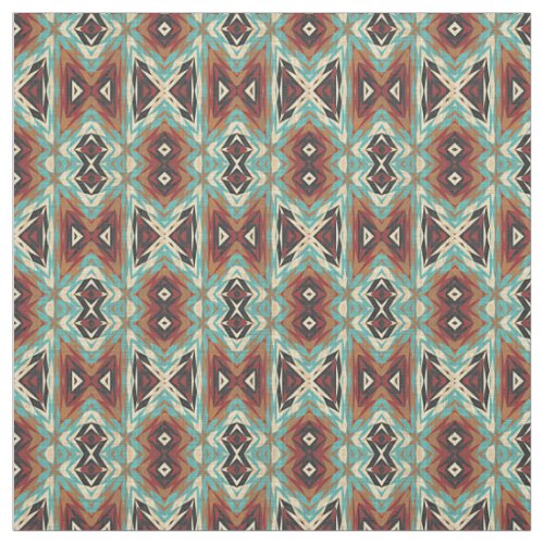 Turquoise Blue Green Orange Tribal Mosaic Pattern Fabric