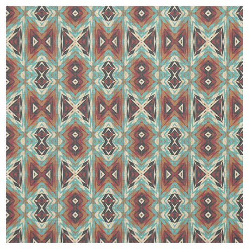 Turquoise Blue Green Orange Tribal Mosaic Pattern Fabric