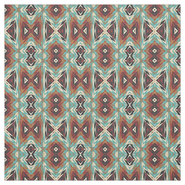Turquoise Blue Green Orange Tribal Mosaic Pattern Fabric (Swatch)