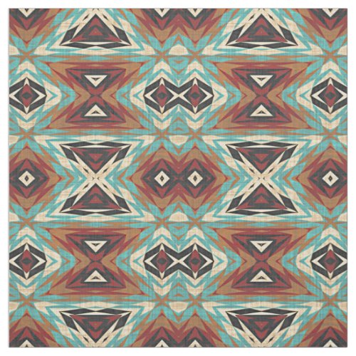 Turquoise Blue Green Orange Tribal Mosaic Pattern Fabric