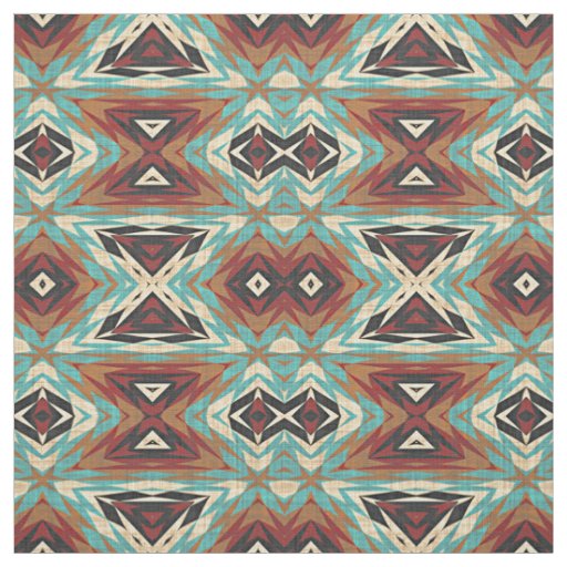 Turquoise Blue Green Orange Tribal Mosaic Pattern Fabric