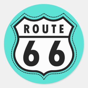 Turquoise  Blue-green Route 66 Road Sign Classic Round Sticker by ColorStock at Zazzle