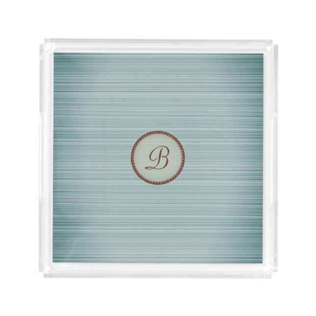 Turquoise blue green stripes personalized monogram acrylic tray (Front)