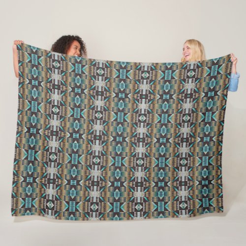 Turquoise Blue Green Taupe Brown Tribal Pattern Fleece Blanket