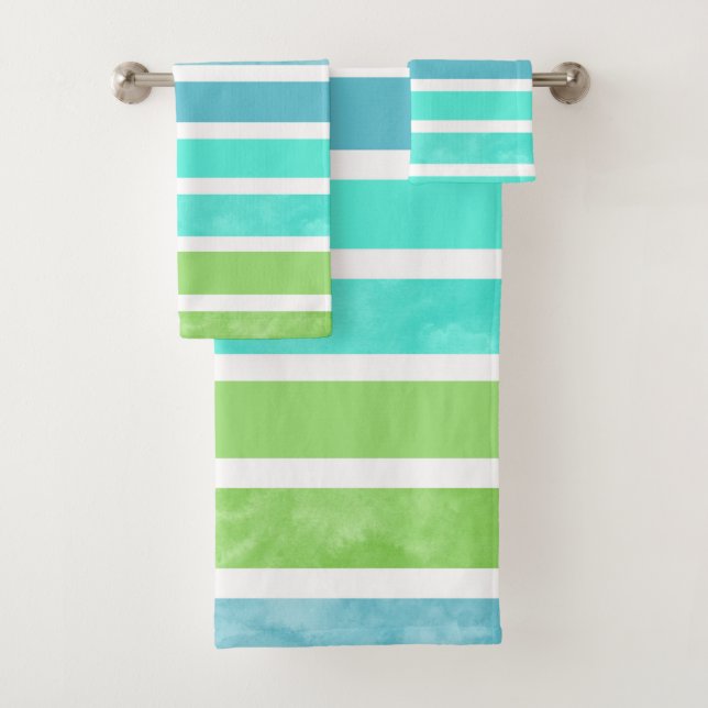 Turquoise Blue Green White Stripes Bath Towel Set (Insitu)