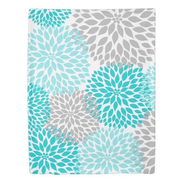 Turquoise Blue Grey Dahlias bedding, blooms Duvet Cover (Front)