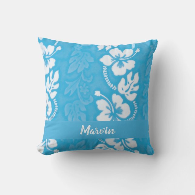Turquoise Blue Hawaiian Hibiscus Flower Patterned Throw Pillow (Front)