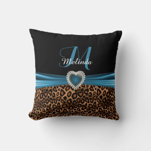 Turquoise Blue Heart Leopard Animal Print Throw Pillow