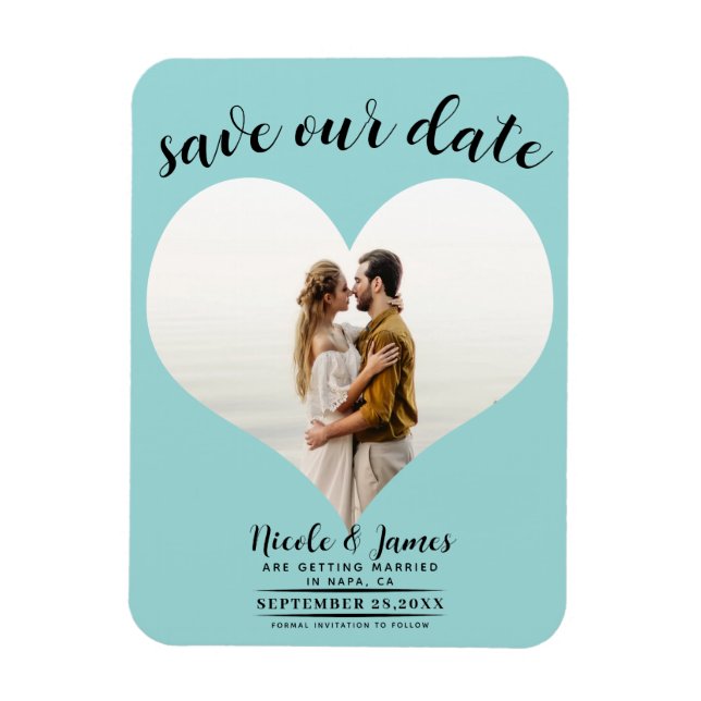 Turquoise Blue Heart Photo Wedding Save the Date Magnet (Vertical)