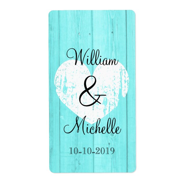 Turquoise blue heart wedding wine bottle labels (Front)