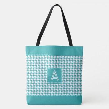 Turquoise Blue Houndstooth Monogrammed Initial Tote Bag by MaeHemm at Zazzle