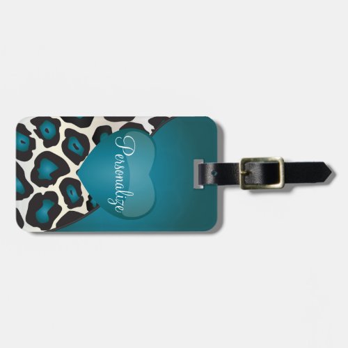 Turquoise Blue Jaguar Animal Print with Heart Luggage Tag
