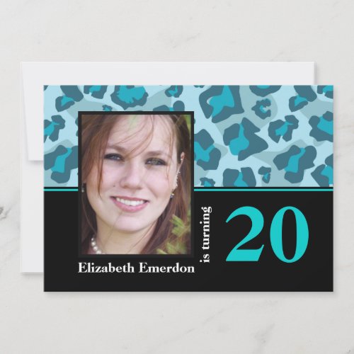 Turquoise blue leopard print 20th birthday photo invitation