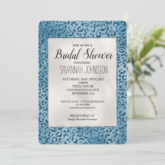 Turquoise Blue Leopard Print Glitter Bridal  Invitation (Standing Front)