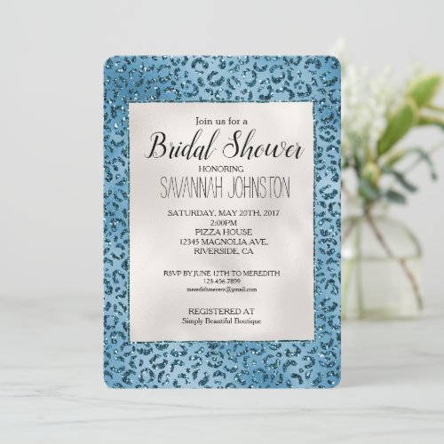 Turquoise Blue Leopard Print Glitter Bridal  Invitation