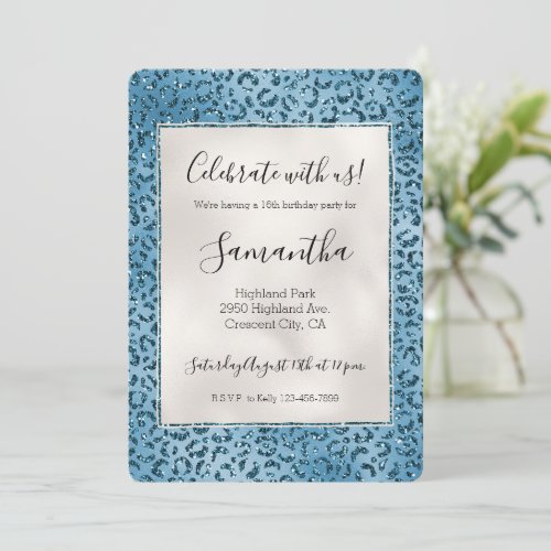 Turquoise Blue Leopard Print Glitter Invitation