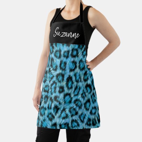 Turquoise Blue Leopard Spots Fur Monogram Apron