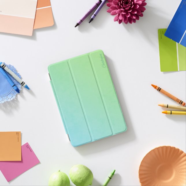 Turquoise Blue Lime Green Ombré Grunge with Name iPad Mini Cover (In Situ)