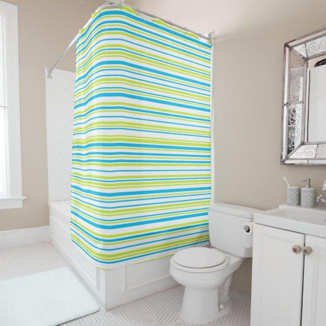 Turquoise blue lime green stripes geometric design shower curtain (In Situ)