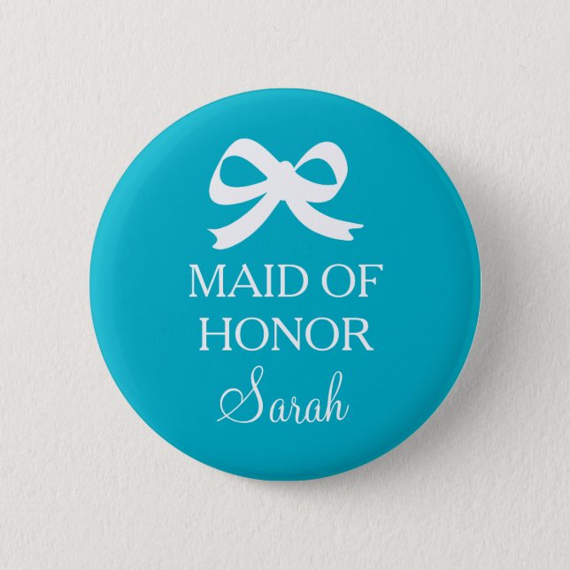 Turquoise blue Maid of honor button for wedding (Front)