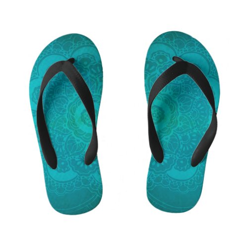 Turquoise blue mandala kids flip flops