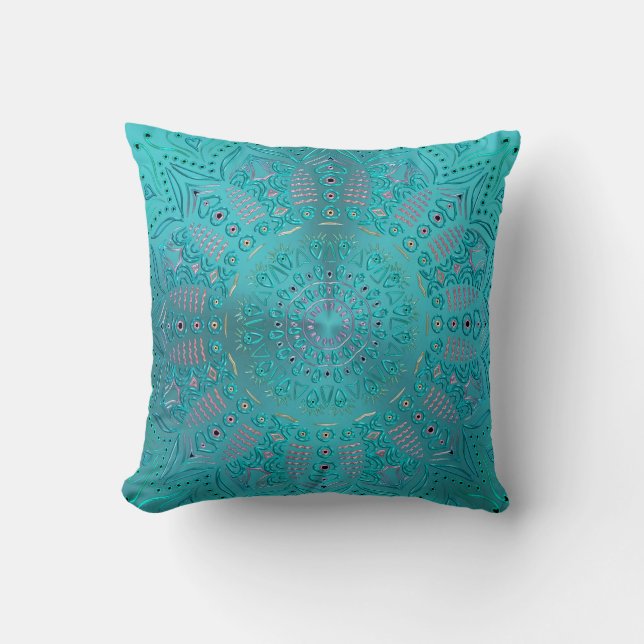 Turquoise Blue Mandala Throw Pillow (Front)
