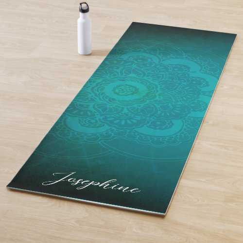 Turquoise blue mandala with name double sided yoga mat