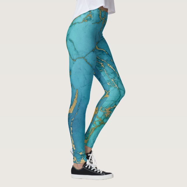 Turquoise Blue Marble Gold Metallic Stone Leggings (Right)
