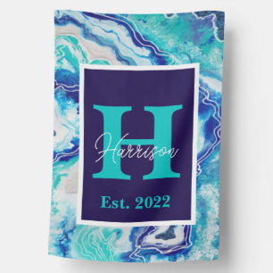 Turquoise Blue Marble Monogram Name Beach House Flag