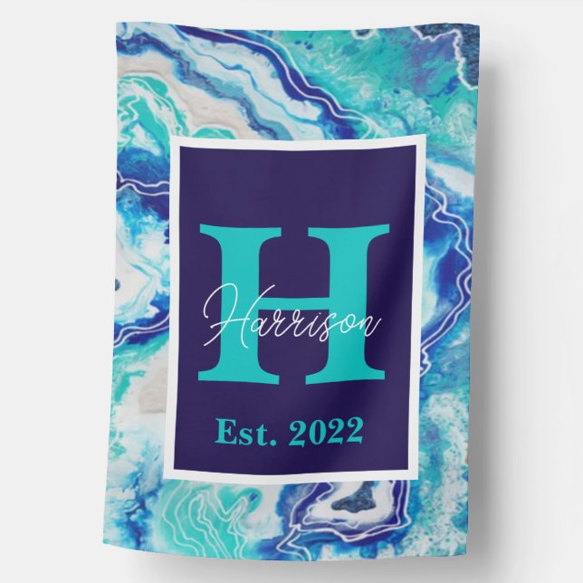 Turquoise Blue Marble Monogram Name Beach House Flag (Front)