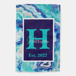 Turquoise Blue Marble Monogram Name Beach House Ho Garden Flag