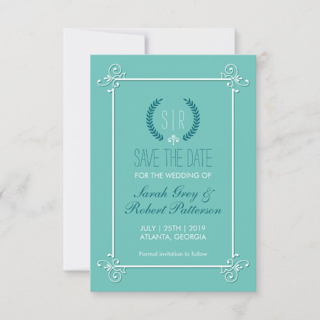 Turquoise Blue Medieval Wedding Save The Date Card (Front)