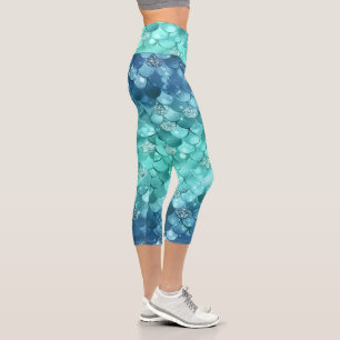Turquoise Blue Mermaid Scales Glitter Look Capri Leggings