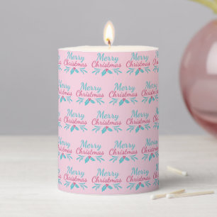 Turquoise Blue Merry Christmas Pastel Pink Festive Pillar Candle