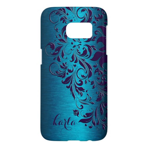 Turquoise Blue Metallic Background  Purple Lace Samsung Galaxy S7 Case